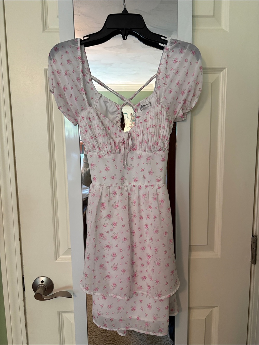 Hollister White Mini Dress with Pink Floral Print and Puff Sleeves